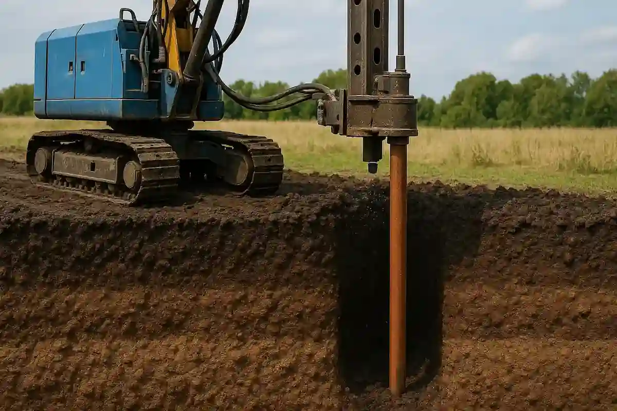 Wiercenie odwiertu pod pompę ciepła – sonda pionowa w trakcie montażu.