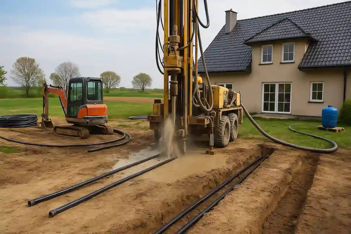 Odwierty pod gruntową pompę ciepła – sprzęt wiertniczy w trakcie pracy na działce