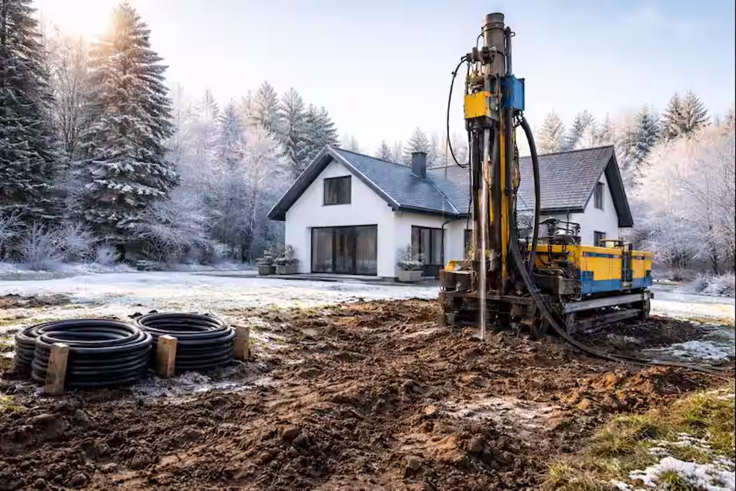 Wiertnica wykonująca odwiert pod gruntową pompę ciepła przy domu jednorodzinnym zimą