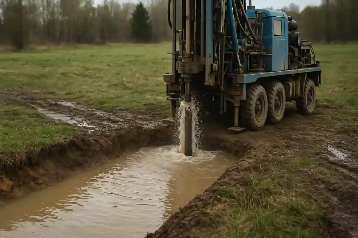 Wiercenie studni głębinowej w terenie z wysokimi wodami gruntowymi.