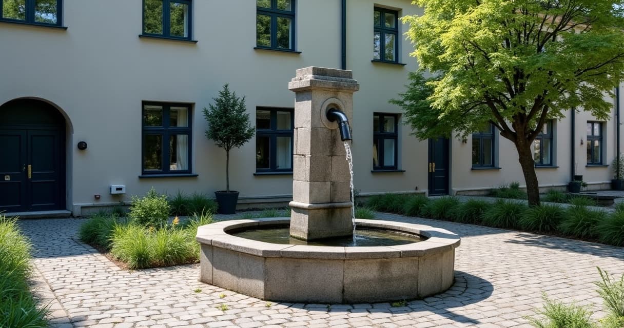 Zabytkowa studnia artezyjska na miejskim placu, z której samoczynnie wypływa woda