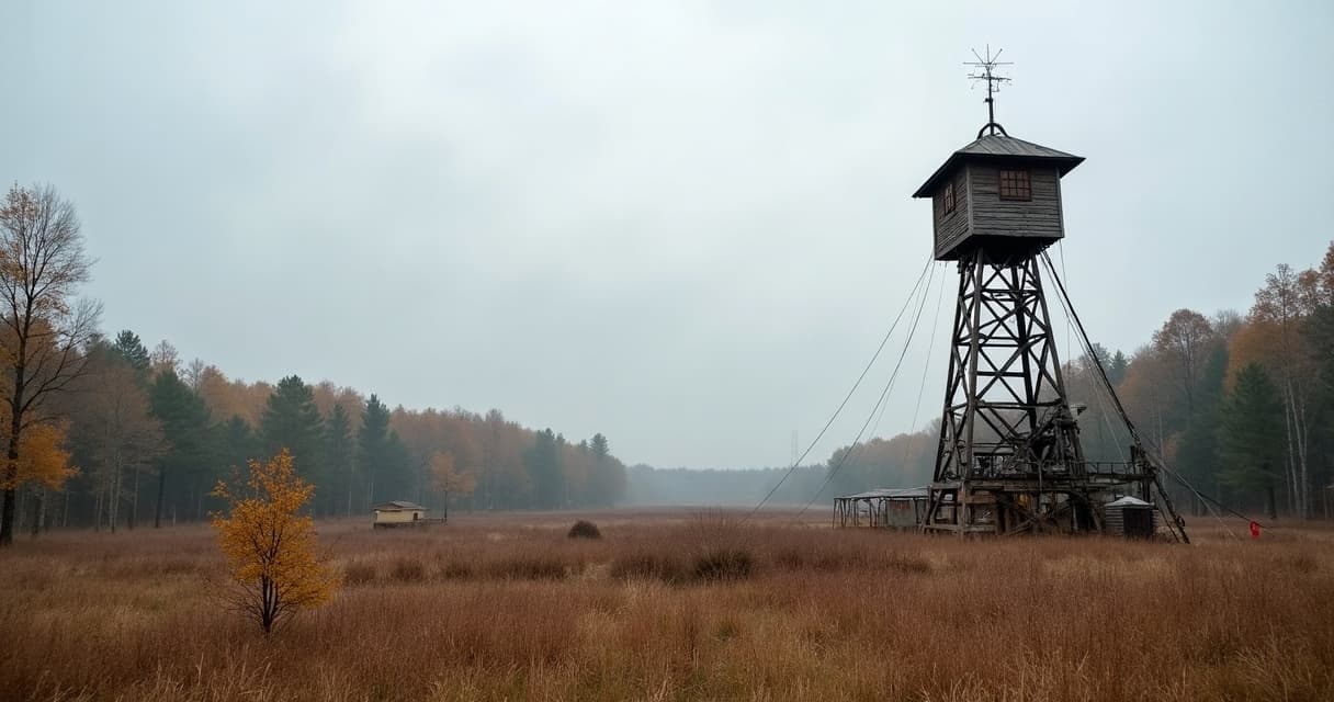 Zabytkowa drewniana wieża wiertnicza w skansenie w Bóbrce wśród jesiennego lasu, pochmurne popołudnie