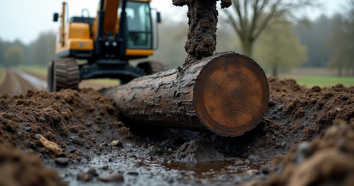Wiertnica studni głębinowej wydobywa z odwiertu fragment ciemnego, przesiąkniętego wodą pradawnego kłody dębu