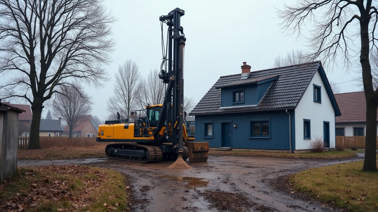 Wiertnica pracująca jesienią na działce obok domu, rozjeżdżony grunt i plac prac widziany z dystansu