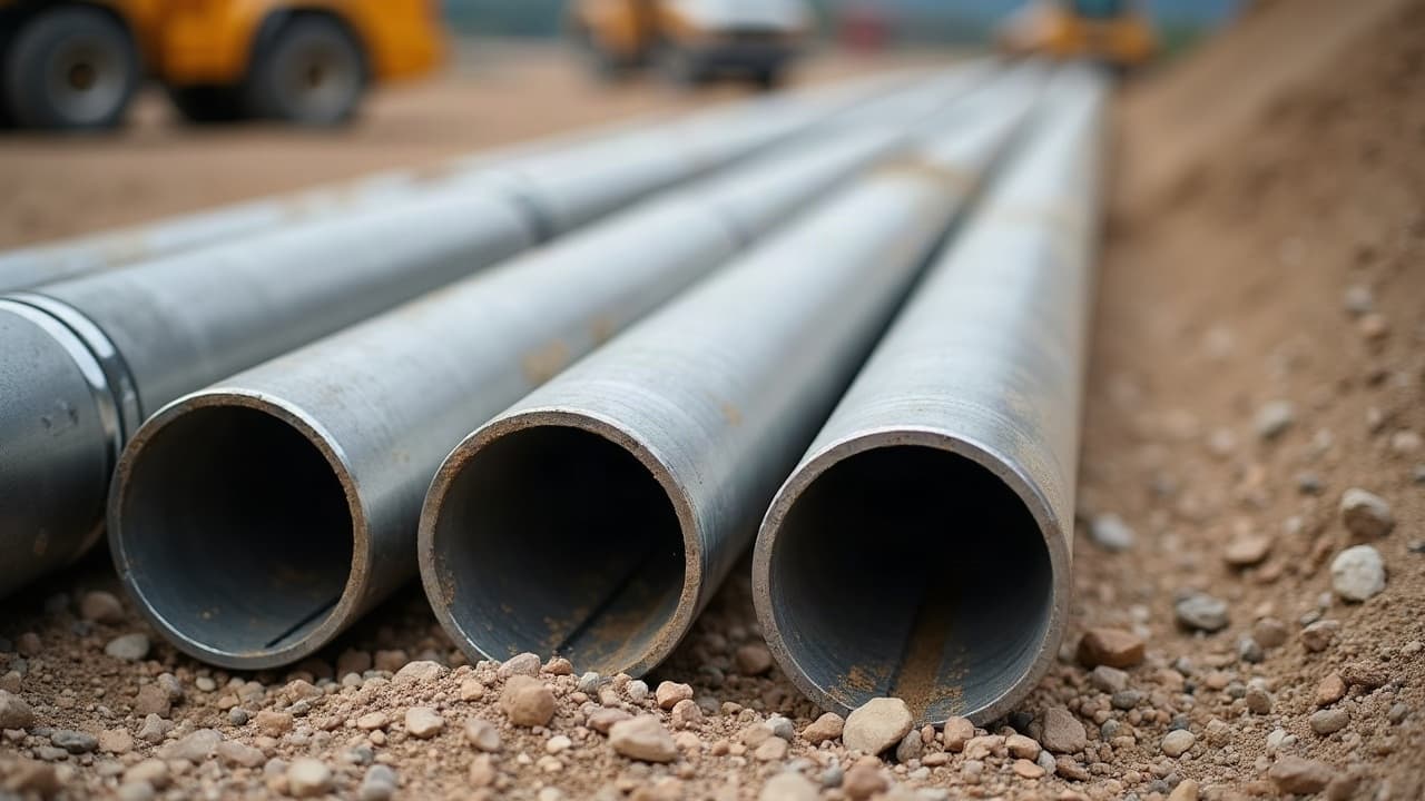 Filtry studzienne o różnych szczelinach ułożone obok siebie na placu wiertniczym