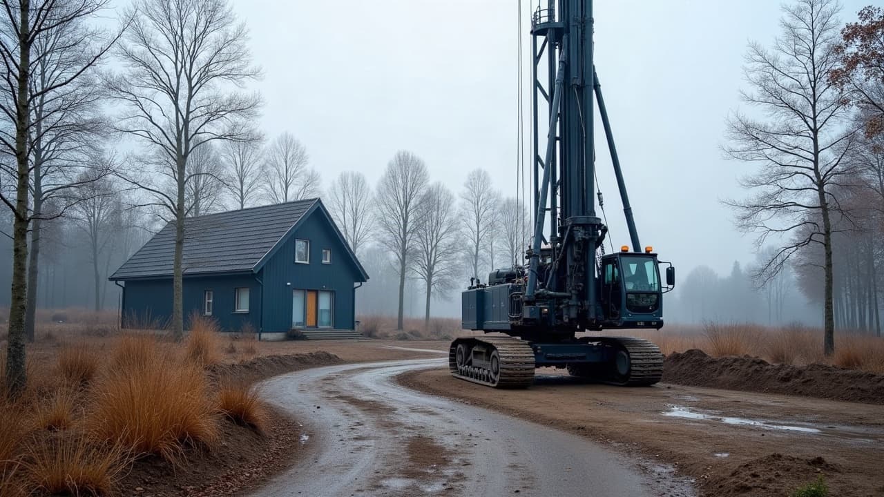Wiertnica pracująca na działce przy domu jesienią, widok z dystansu, mokra trawa i bezlistne drzewa